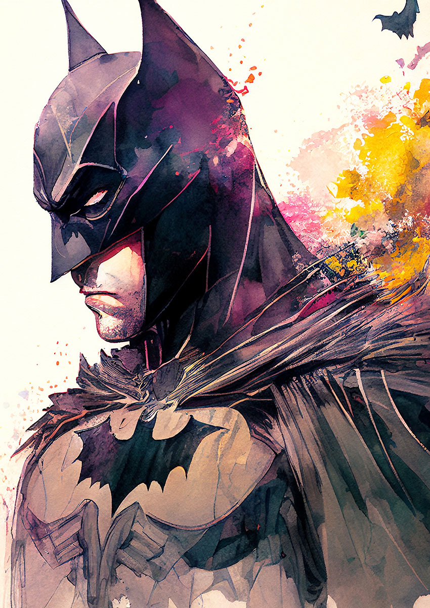 Dramatic artwork of Batman portrayed with vibrant colours and dynamic brushstrokes.